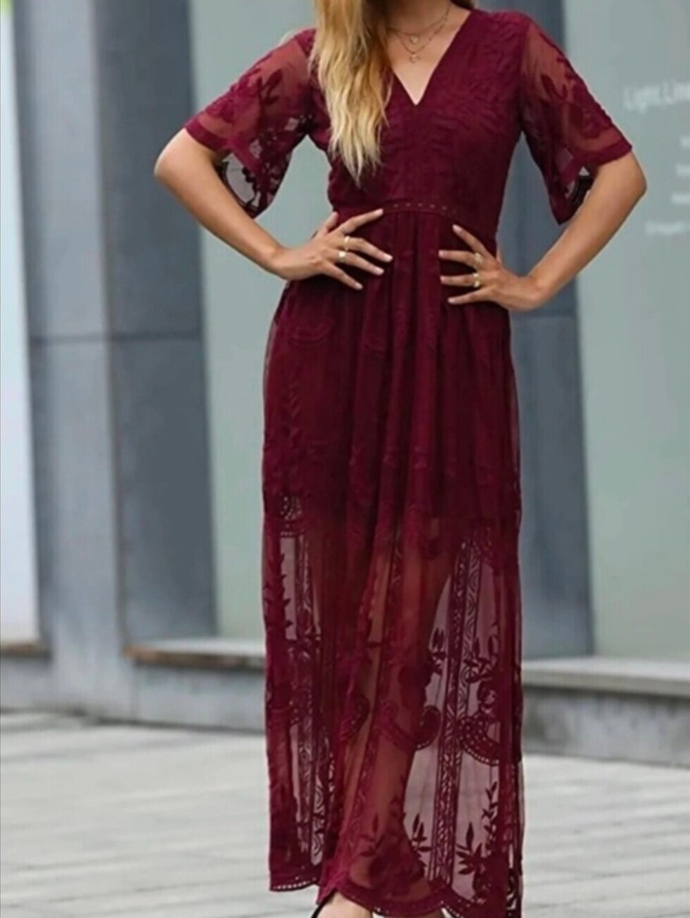 NWT XL Red Wine Merlot Lace Deep V Plunge Romper Maxi Dress